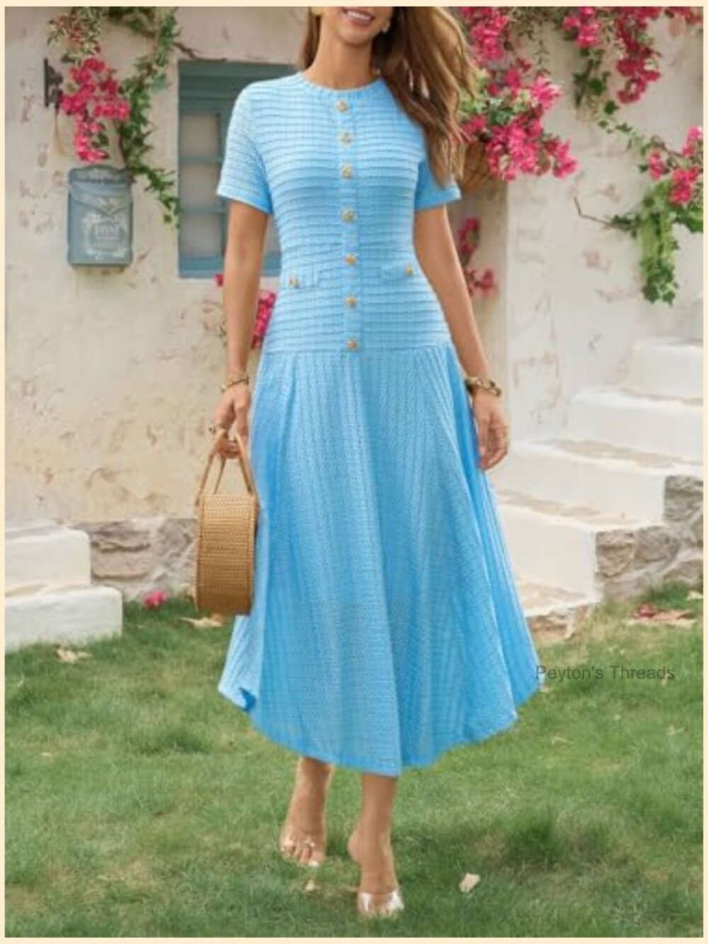 Textured Slim Fit Midi Dress with Short Sleeves and Crewneck - Picture 4 of 7
